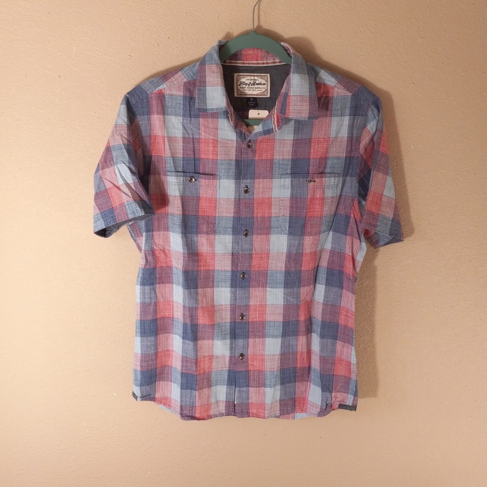 Flag & Anthem Mens Short Sleeve Plaid Button Up Shirt Red Blue Cotton SP20WS723